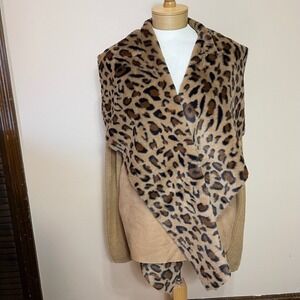 KATE & SAM Leopard Print Faux Fur Faux Suede Open Cardigan Sweater Tan Women's L